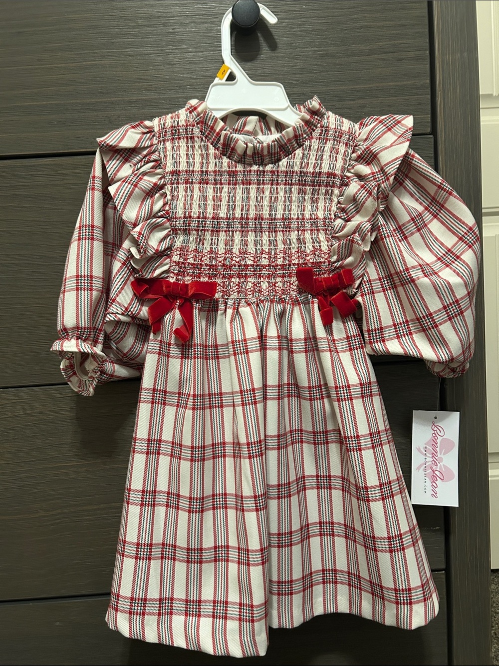 Red & White Plaid Smocked Long Sleeve Dress with Bows